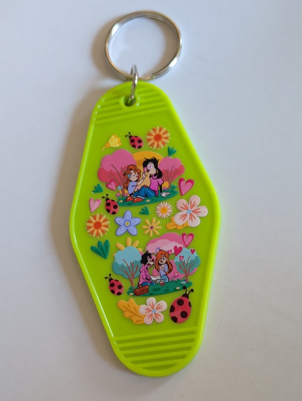 Neon Green Small Pets Keychain Tag with Floral Cartoon Design